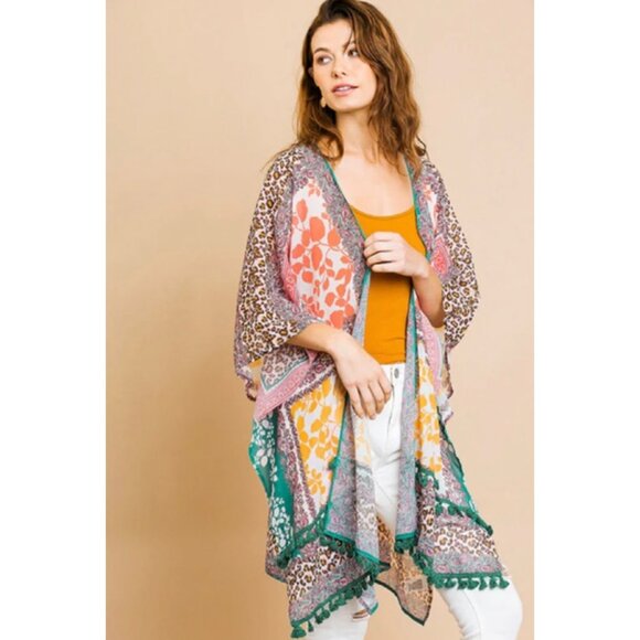 NWT Umgee Floral Animal Print Tassel Hem Kimono - Picture 1 of 7